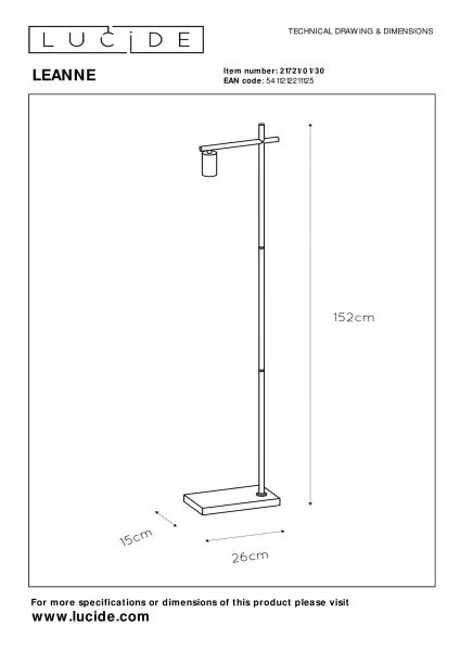 Lucide LEANNE - Vloerlamp - 1xE27 - Zwart - technisch